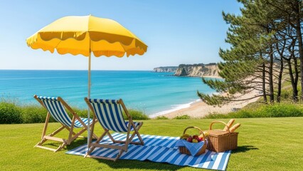 Wide side view, seaside terrace picnic scene. Yellow scalloped edge umbrella covering two blue and white striped deck chairs. Striped picnic mat on lush green lawn. Wicker picnic basket with fruits an