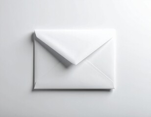 Simple white envelope lies flat on a clean white background. Blank white envelope lying flat on clean white background, soft shadow.