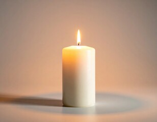 Simple white pillar candle with a glowing flame illuminates a soft background, symbolizing peace and warmth, creating a tranquil and serene atmosphere