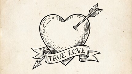 Vintage tattoo heart with arrow and true love banner
