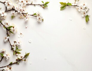 Delicate white spring blossoms with fresh green leaves bloom gracefully on artistic branches framing a clean minimalist white background for elegant design projects
