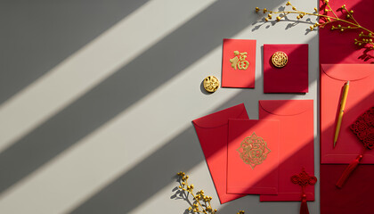 Cultural celebration elements including red envelopes, lucky symbols, and gold embellishments thoughtfully composed on a neutral background to convey prosperity, renewal, and elegance.