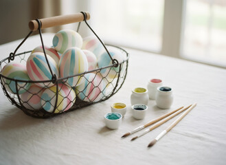 Decorated Easter eggs in basket with paint pots and brushes for holiday celebration. Spring season craft activity. Pastel colors.