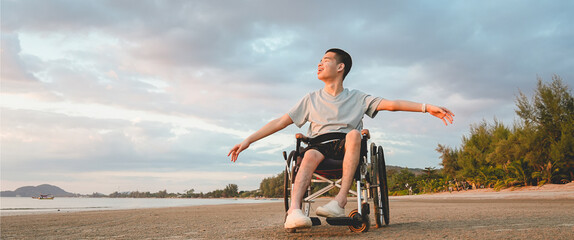 Cinematic moment of a wheelchair user at the beach during sunset, expressing freedom, joy, and inclusive outdoor lifestyle with accessible travel concept.