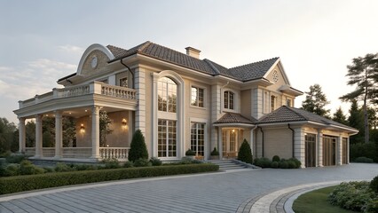 Obraz premium Luxury Modern Mansion with Porch and Driveway at Sunset
