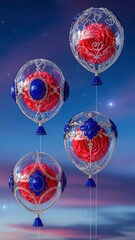 four transparent balloons with red rose-like fur textures and a deep blue decorative balloon float against the sky. A blend of surrealism and high-end ...