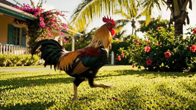 Colorful rooster struts across a sunlit yard, tropical flowers and a house in the background. Today
