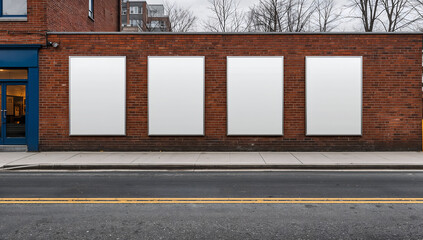 Four blank posters on a brick wall next to a street and sidewalk
