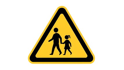 A yellow triangular road sign featuring a black border and silhouettes of an adult and child holding hands