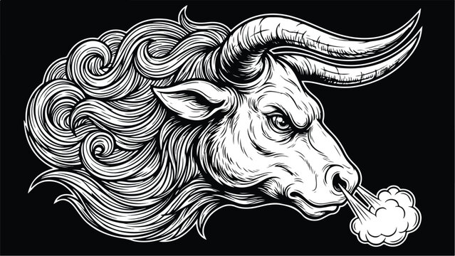 Detailed monochrome illustration of a powerful bull with curled horns and flowing mane.
