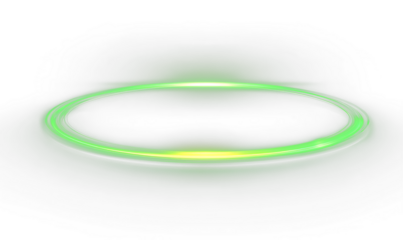 Green neon circle light halo overlay with glow effect, abstract round energy frame and fast motion light lines, PNG