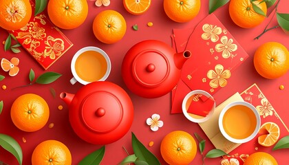 Vibrant Chinese New Year celebration with red tea and oranges
