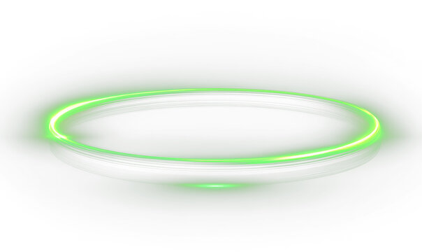 Green neon glowing ring frame overlay with abstract speed movement, luminous circular light effect on dark background, PNG