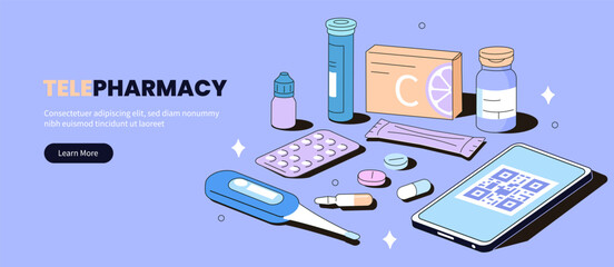 Pharmacy technology isometric illustration with pills, supplements, capsules, tablets, sachet. Telepharmacy, health tech innovation concept vector.