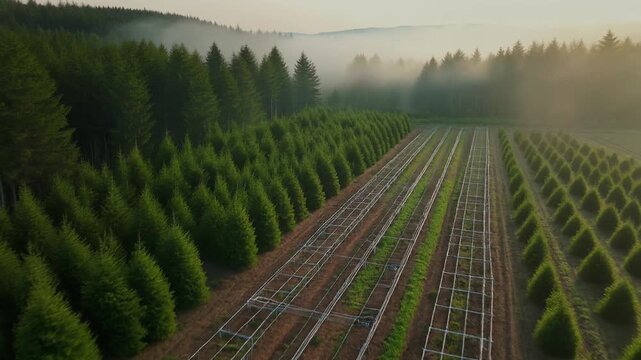 Drone View of an Evergreen Tree Farm with Young Trees and Greenhouse Frames in a Misty Morning Landscape