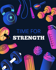 Fitness and weight training poster. Healthy lifestyle, yoga, pilates background vector set. Dumbbells, protein supplements, kettlebell, jump rope and other sport elements.
