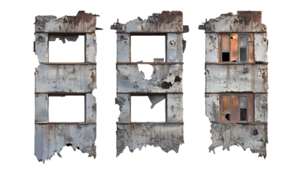 Series of Decaying Skyscrapers with Broken Windows and Exposed Steel on Transparent Background