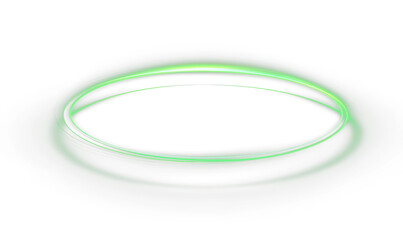 Green neon glowing ring with light trail effect, abstract circular energy frame with motion lines, futuristic light green ellipse, PNG
