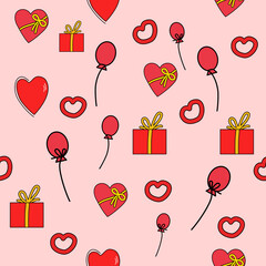 Seamless Pattern Of Red Hearts Balloons And Gifts On Pink Background