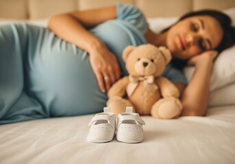 Peaceful Sleep: Expectant Mother Resting with Teddy Bear and Baby Shoes