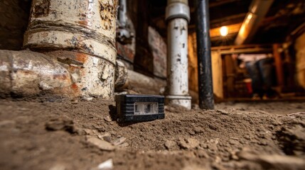 Close-up of a small device on dirt floor of a dimly lit basement, surrounded by pipes