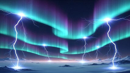 Spectacular aurora borealis illuminating arctic landscape with electrifying lightning strikes