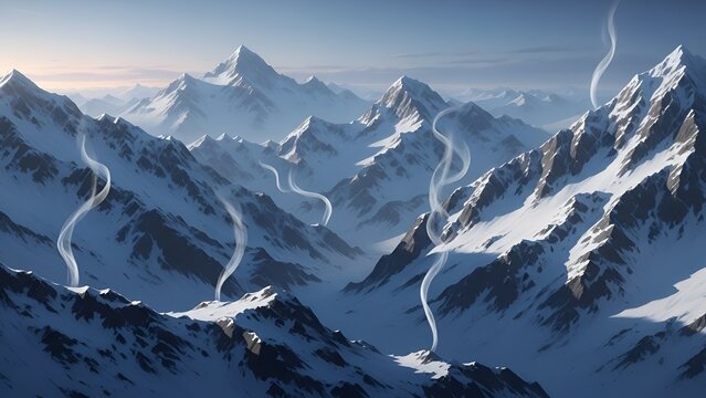 Snow-covered mountain landscape with ethereal trails, evoking a sense of serene mystery and alpine