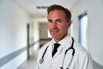 Photorealistic image of a professional doctor standing in a clinic hallway, clean lab coat, calm expression