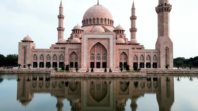 A grand pink-domed mosque with arches and minarets, mirrored in a calm reflecting pool at dawn glow