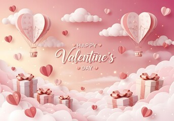 Happy Valentine's Day with Heart Balloons, Clouds, and Gifts
