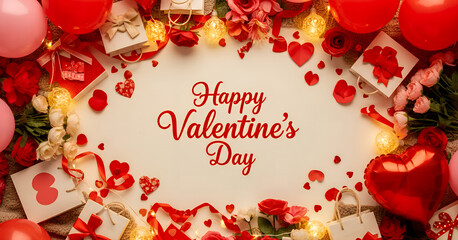 Elegant Valentine arrangement featuring roses, gift bags, heart decorations, and soft lights framing a central Happy Valentine’s Day greeting for cards, banners, and marketing.