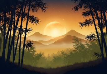 Serene Bamboo Forest with Moonrise and Misty Mountains