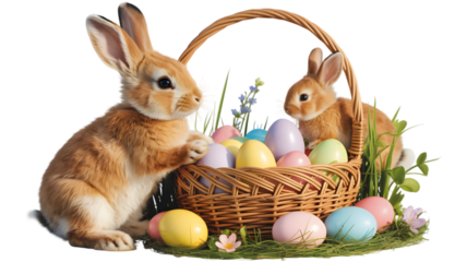 Easter sunday celebration isolated on transparent background with easter bunny and eggs