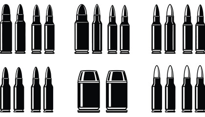 A collection of black bullet icons and ammunition magazines on a white background