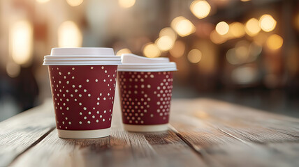 Set of Burgundy and Cream Paper Coffee Cups with Lids Placed Side by Side on Transparent Background