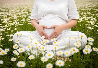 Expectant Mother Forms Heart Shape Over Belly In Peaceful Daisy Meadow