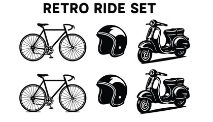 A set of retro-style illustrations of bicycles, scooters, and helmets on a white background