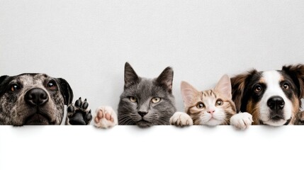 Four pets are gathered together each with its own unique look. A dog a cat and two more dogs are all peeking over a white surface creating a lively scene indoors.