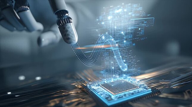白いロボットの指が暗いサイバー空間で光るマイクロチップに触れる、人工知能と未来のデータ接続映像