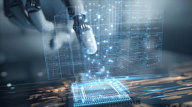 ロボットアームの指が青く光る半導体チップに触れてデータを転送する未来的な技術映像