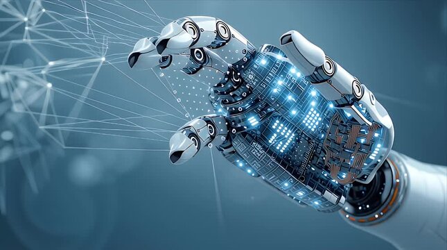 白いロボットアームがネットワーク接続ポイントに触れる、人工知能と未来のテクノロジー映像