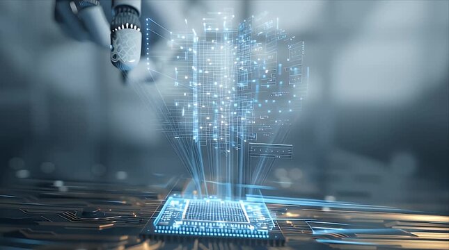 白いロボットの指が電子回路基板上の青く光るCPUに触れる人工知能のシネマティック映像
