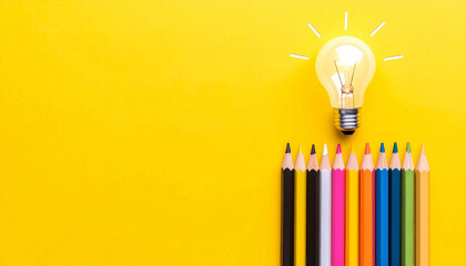Light bulb lights up above colorful pencils arranged on yellow background. Idea generation concept, creative process visual, innovation inspiration, new beginnings, artistic tools