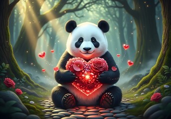 Adorable Panda Holding Glowing Heart in Magical Forest