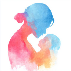 母と子、水彩イラスト、シルエット、家族