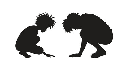 Two people crouching in a squatting position in black silhouette on white background
