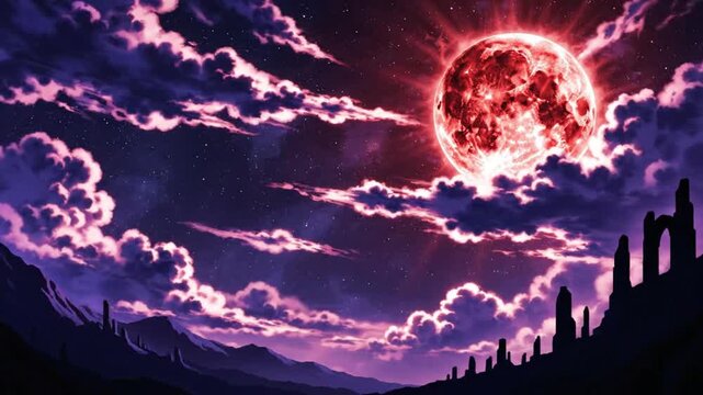 Fantasy landscape with dramatic red moon and silhouetted ruins