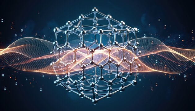 A futuristic representation of molecular structures with flowing waves, symbolizing the intersection of science and technology. - Powered by Adobe