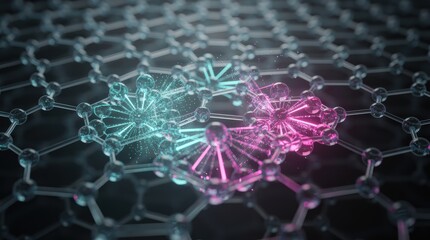 A vibrant depiction of molecular structures interconnected in a hexagonal pattern, showcasing dynamic interactions in a digital style.