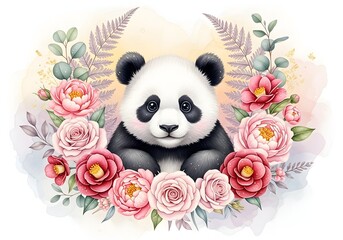 Cute Watercolor Panda with Pink Floral Wreath